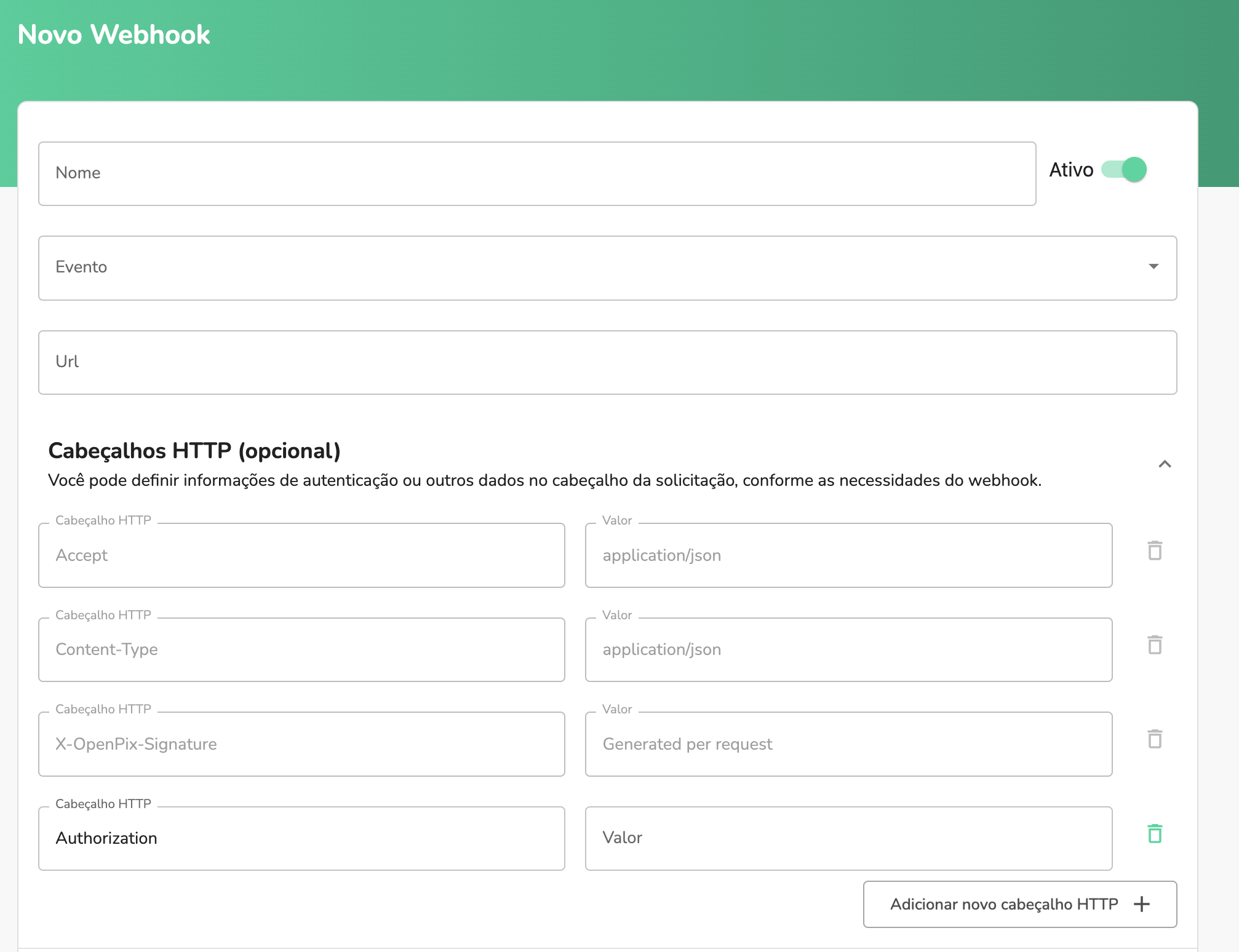 Novo webhook com os inputs de headers customizados